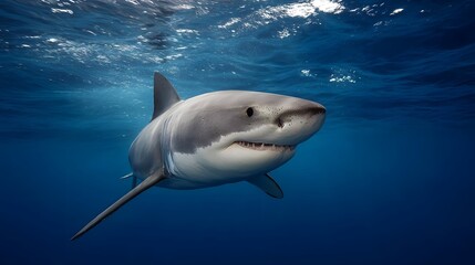 Naklejka premium A powerful great white shark glides through the deep blue ocean waters with its mouth slightly open