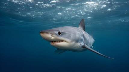 Naklejka premium Majestic Shark Swims Gracefully in Deep Blue Ocean Waters