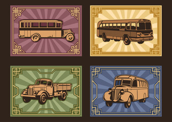 1930s - 1940s Cars, Bus, Truck. Retro Transport Poster Set. Art Deco Frames, Classic Autobus and Truck. Old Color Palette