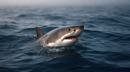 Fototapeta premium A fierce great white shark with sharp teeth surfaces from the dark foggy ocean water