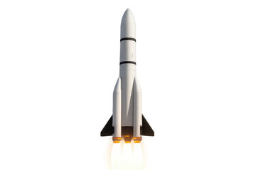 Rocket taking off with flames from its engines, a white spaceship launching into sky with a transparent background