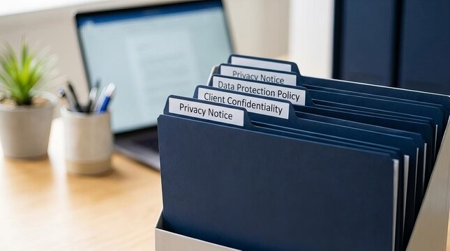 Organized file folders labeled “Privacy Notice” neatly arranged on a modern office desk, highlighting a professional workspace focused on documentation