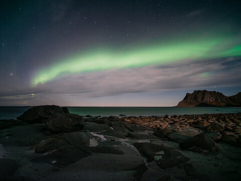 View of ethereal green aurora borealis paints the night sky above the rocky shore and calm sea, casting a magical glow on Uttakleiv Beach, Leknes, Nordland, Norway.