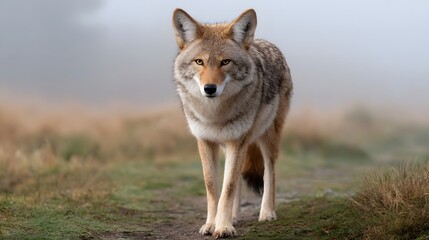Obraz premium A coyote walks along a dirt path in a foggy natural wilderness