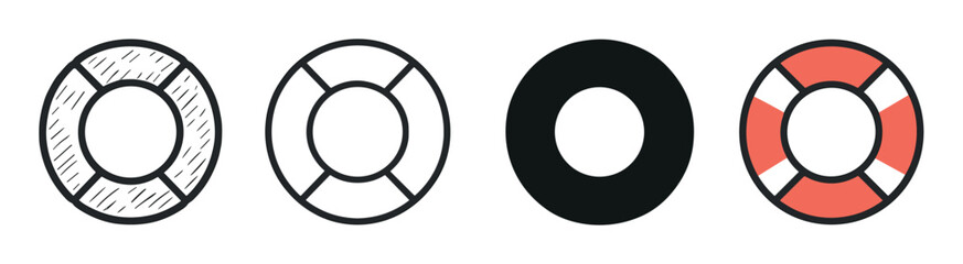 Set of four lifebuoy icons in different graphic styles including a hand-drawn sketch, a simple outline, a solid silhouette, and a colored flat design for safety concepts