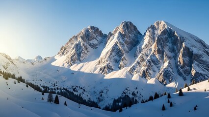 Majestic Snow-Capped Peaks Under Clear Blue Sky Winter Landscape.