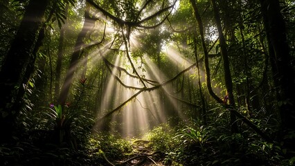Golden Sunbeams Illuminating Misty Tropical Rainforest Canopy and Lush Undergrowth.