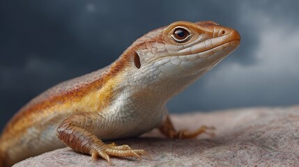 Detailed close up of a vibrant skink lizard resting on a textured rock beneath a dramatic cloudy sky
