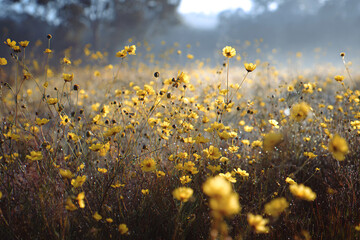 meadow filled with butter yellow glowing wildflowers butterflies with luminous wings fluttering morning mist covering grass concept of fantasy photography spring botanical lifestyle and magical decor