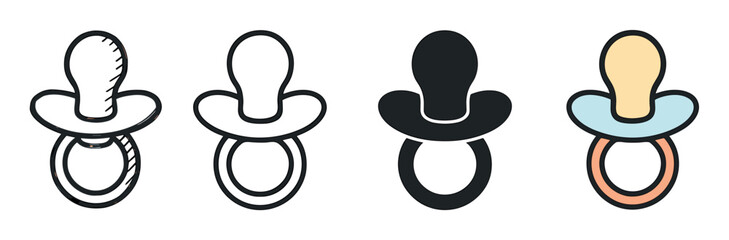 Set of four baby pacifier icons in different artistic styles, including hand-drawn sketch, simple outline, solid silhouette, and a flat color design for newborn care