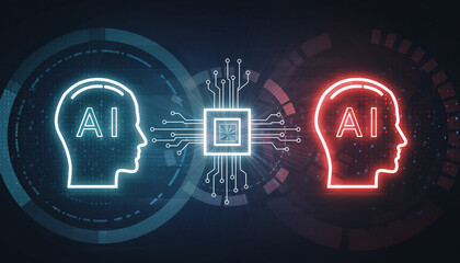 Fototapeta premium AI Brains: Neon-lit depictions of an Artificial Intelligence brain, highlighted by a central circuit, represent the convergence of technological evolution and cognitive simulation.