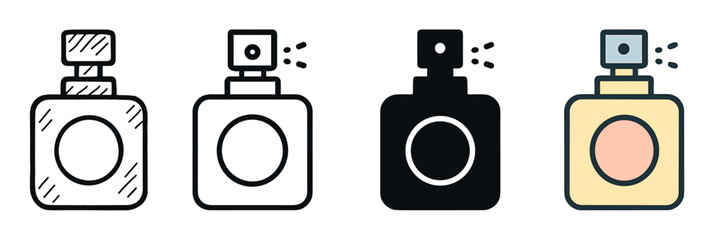 Set of four perfume bottle icons in various styles including line art, silhouette, and color, illustrating a cosmetic spray atomizer for fragrance and beauty concepts