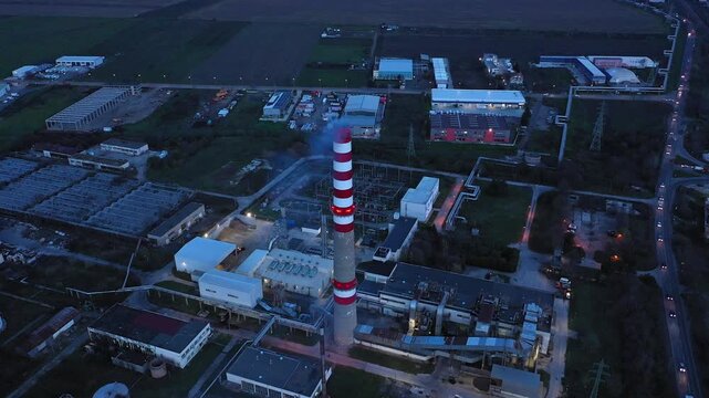 Aerial drone view to district heating on Burgas, Bulgaria evening