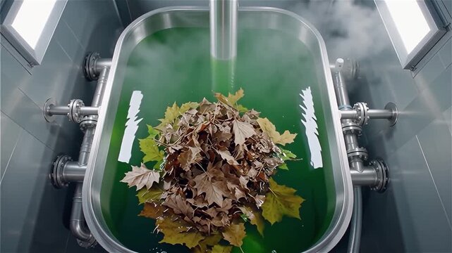 The futuristic process of converting organic waste (leaves) into a green liquid using a robot is an ideal visualization of the concept of biofuel production from biomass.
