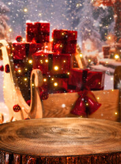 Christmas Gift Cart: A festive scene of gift cart full of presents, all wrapped and ready to be delivered. The wooden cart with gift and decorative red bow, perfect for holiday greetings.