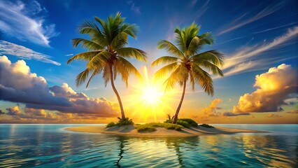 Tropical island paradise with palm trees at sunset