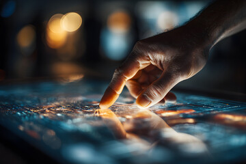 Close-up of Hand with Assistive Device Interacting with a Large Abstract Touch Screen.