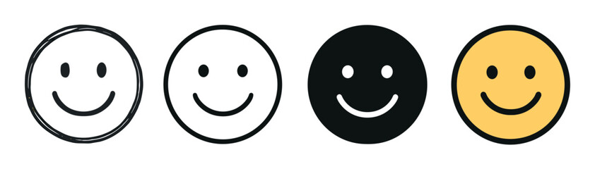 Fototapeta premium Set of four happy smiley face icons in various design styles including hand-drawn sketch, clean line art, solid black silhouette, and classic yellow color