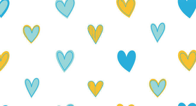 Hand drawn watercolor hearts in soft blue and yellow hues on a clean white background creating a charming and whimsical seamless pattern