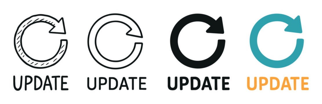 Set of four update icons with circular arrows in various styles including hand-drawn sketch, outline, and modern flat design for user interface and web elements