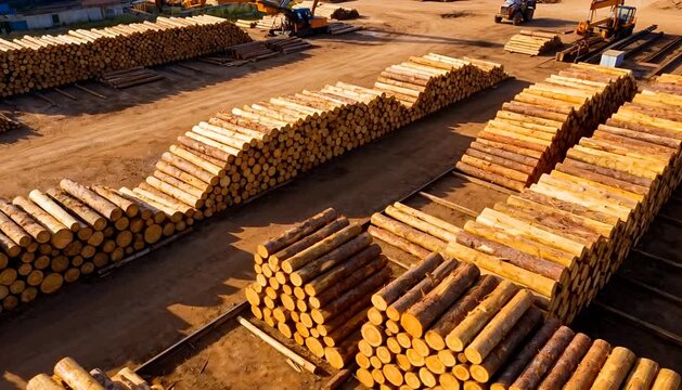 Aerial view of timber yard with stacks of logs and heavy machinery processing wood lumber manufacturing.