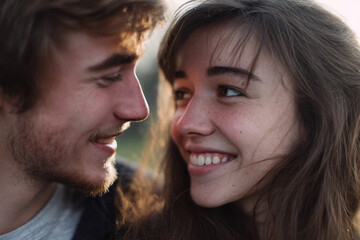 Young couple sharing an intimate moment, laughing.