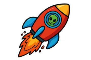Green alien cartoon character flying in a red rocket ship, exploring space, having an adventure, launching to the stars