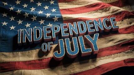 Patriotic blue Independence of July lettering boldly adorns the vibrant, detailed American flag in this photograph