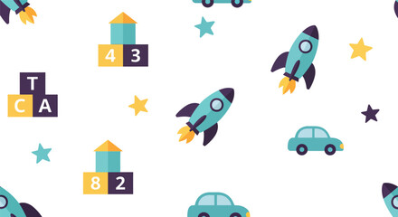Obraz premium Whimsical seamless pattern featuring playful cartoon rockets colorful building blocks with numbers and letters and cute cars on a white background