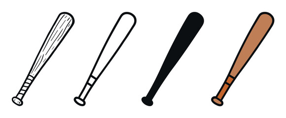 Fototapeta premium Set of four baseball bat illustrations in various design styles including a detailed doodle, simple outline, solid black silhouette, and a classic brown cartoon version