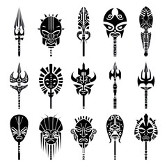 Set of 15 black tribal mask and spear icons isolated on Transparent Background