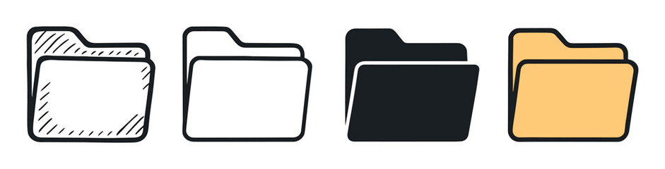 Set of four folder icons in different styles including doodle, line art, silhouette, and color for user interface design, data storage, and document organization concepts