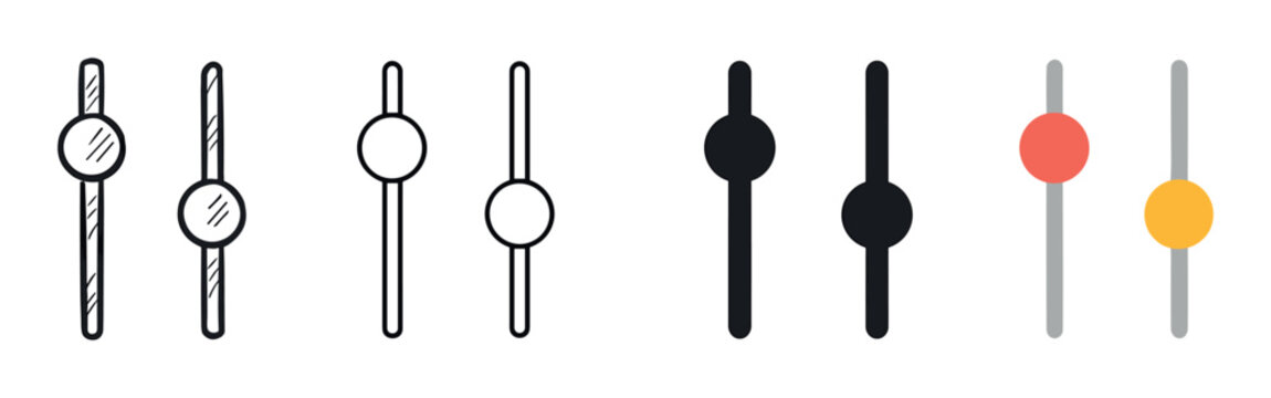 Collection of vertical slider adjustment icons in various design styles including doodle, line art, solid glyph, and flat color for user interface customization and control