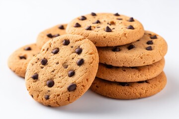 A pile of classic chocolate chip cookies on a white background.