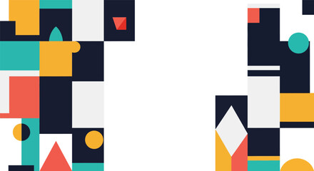 Fototapeta premium Abstract geometric composition with colorful shapes and patterns on a white background creating a modern and playful visual design