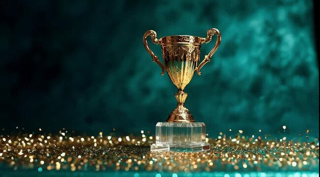 wonderful Champion golden winners trophy cup with falling golden confetti on green blurry background