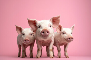 A group of curious pigs huddled together against a pink background