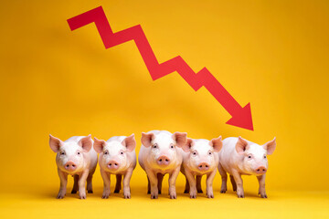 A group of isolated pigs on a yellow background with a red arrow pointing downwards indicating economic losses in the sector