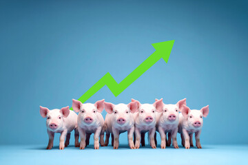 A group of cute pigs isolated on a blue background and a green arrow pointing upwards indicating economic recovery, increased sales, and a price increase.