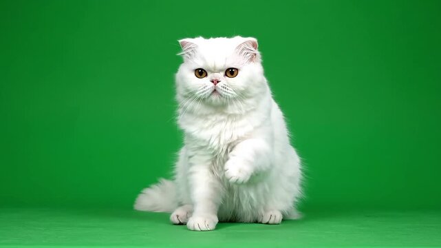Fluffy white Persian cat with intense gaze sitting on a green background, paw raised invitingly.