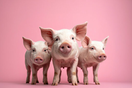 A group of curious pigs huddled together against a pink background