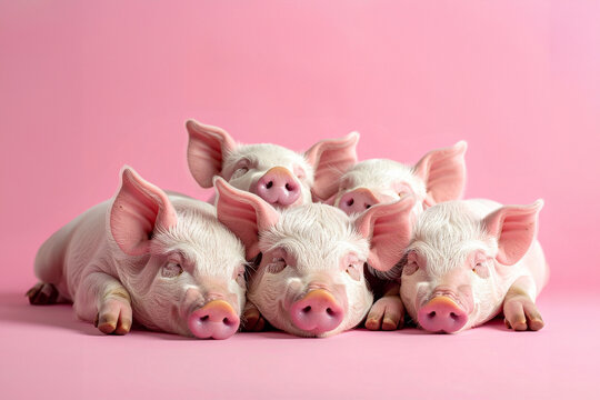 A group of pigs sleeping isolated on a pink background