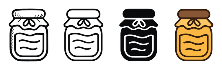 Set of honey jar icons in different graphic styles including a simple outline, solid glyph, hand-drawn sketch, and a flat color version for design projects