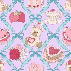 Seamless Valentine pattern with teddy bears, strawberry cakes, heart tarts, roses, tea cups, strawberries, and gift boxes inside blue ribbon diamond frames in pink and pastel tones.
