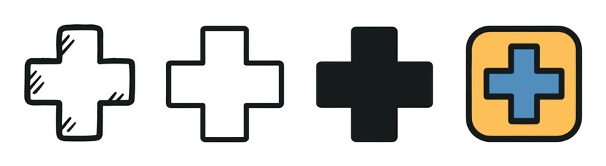 Obraz premium Set of four medical cross icons showing different design styles including hand-drawn doodle, simple outline, solid silhouette, and a colorful filled version for web or app use