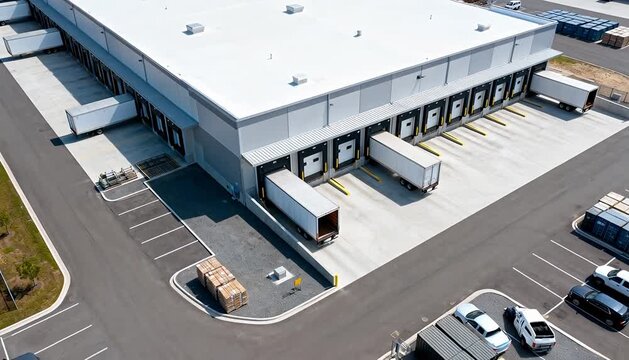 Industrial warehouse logistics hub with loading docks and trucks arriving for delivery and departure.