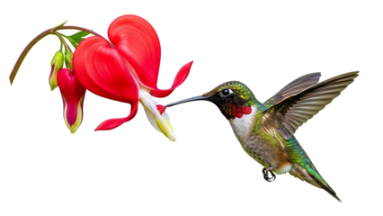 Hummingbird feeding on bleeding heart flower isolated on transparent background