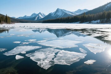 Frozen lake with floating ice chunks reflecting snow-capped mountains under clear blue sky