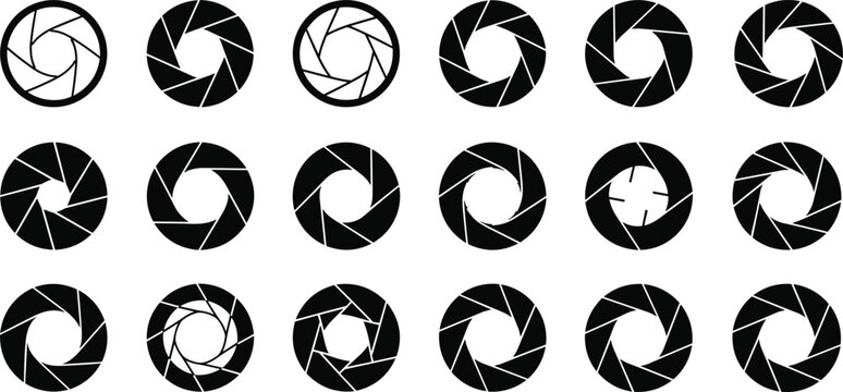 Camera Lens Aperture Iris Shutter Diaphragm Vector Icons Set, Multiple Blade Designs, Circular Geometric Shapes, Photography Technology, Black White Graphic Illustration, Isolated On White