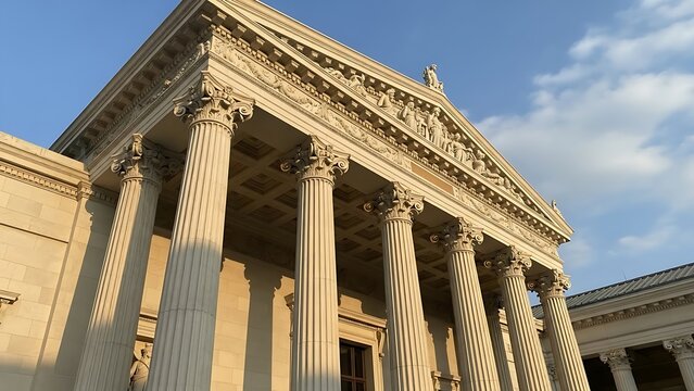 Imposing neoclassical facade featuring tall Corinthian columns, symbolizing government, authority, and historical architecture.